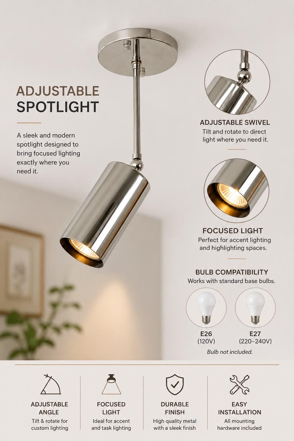 Adjustable Brass Spotlight Ceiling Light Handmade Directional Spotlight for Kitchen, Hallway & Accent Lighting - optimized image