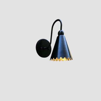 Black wall-mounted lamp with a cone-shaped shade on a light gray background