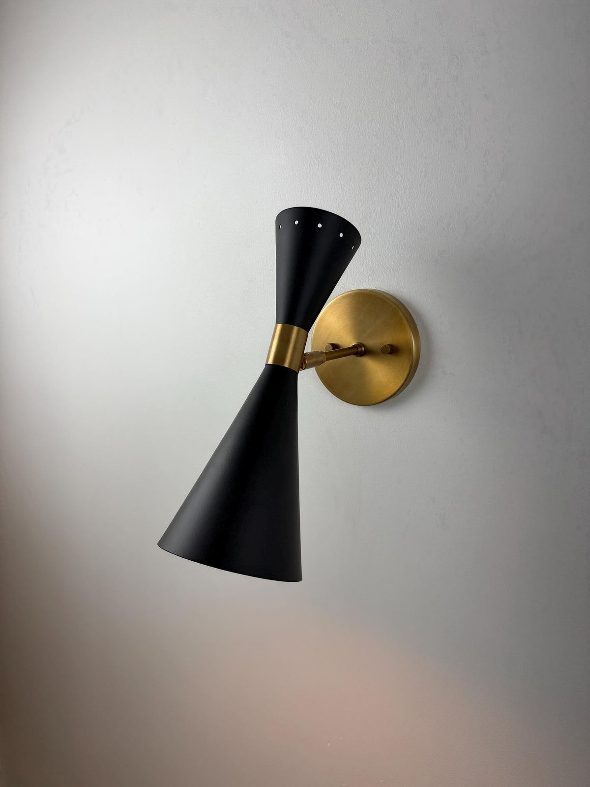 Glamorous Stilnovo Brass Wall Sconce – Italian Inspired Black Shade Wall Light - optimized image