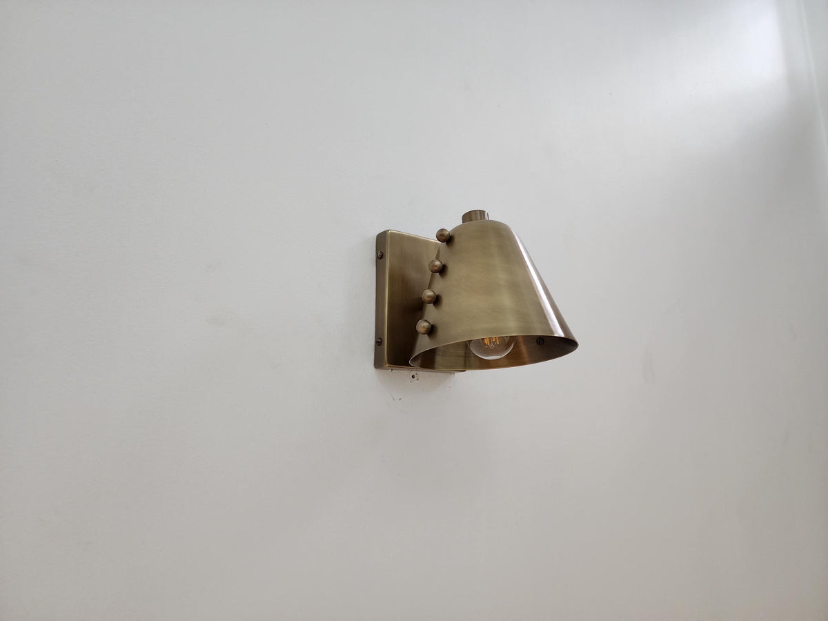Handcrafted Brass Cone Wall Sconce | Mid-Century Rivet Wall Lamp | Modern Brass Wall Light