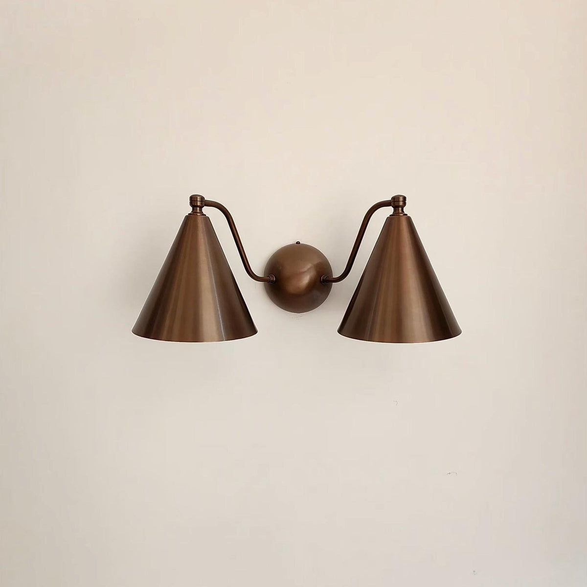 Handcrafted Double Cone Brass Wall Sconce | Mid Century Modern Two-Light Lamp | Frost Lights