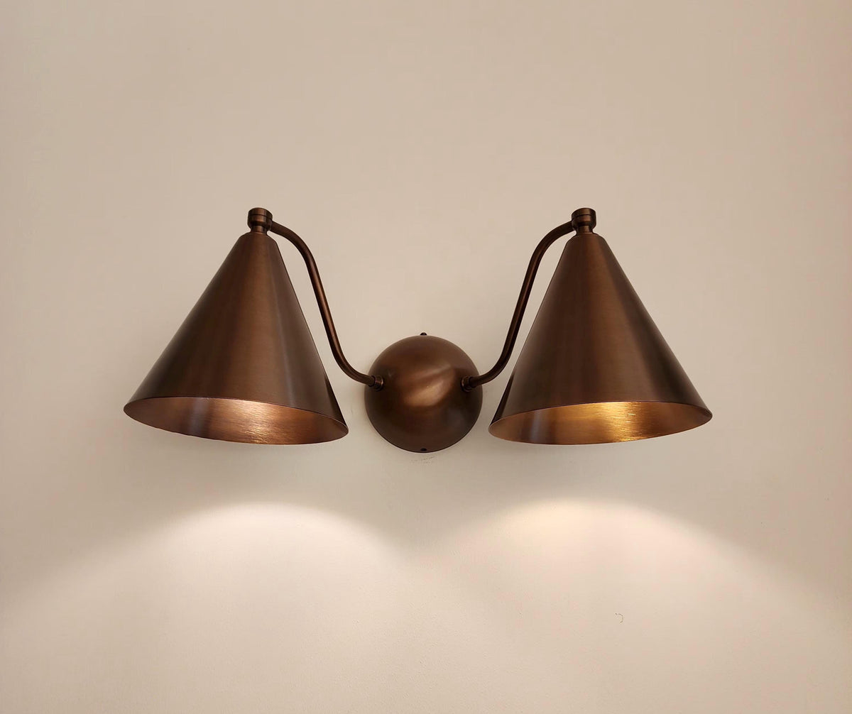 Handcrafted Double Cone Brass Wall Sconce | Mid Century Modern Two-Light Lamp| Frost Lights