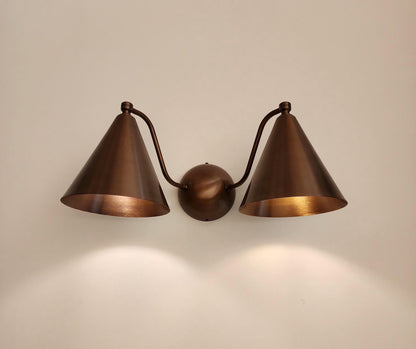 Handcrafted Double Cone Brass Wall Sconce | Mid Century Modern Two-Light Lamp| Frost Lights