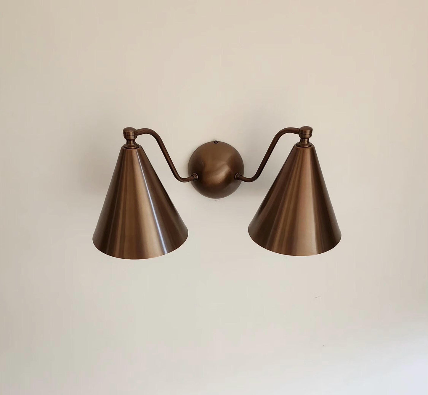 Handcrafted Double Cone Brass Wall Sconce | Mid Century Modern Two-Light Lamp - optimized image
