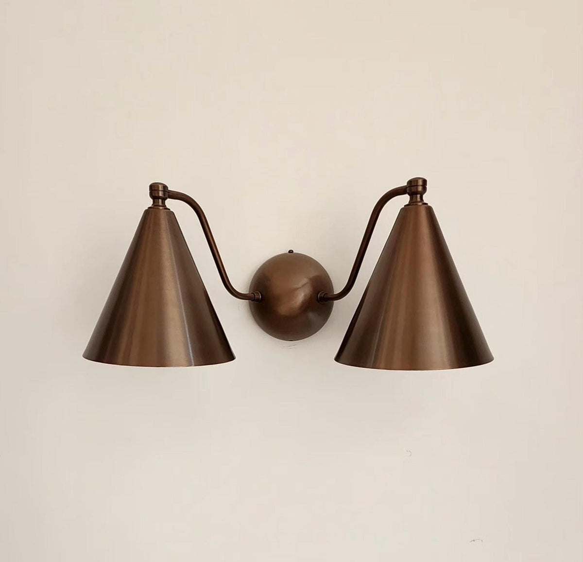 Handcrafted Double Cone Brass Wall Sconce | Mid Century Modern Two-Light Lamp - optimized image