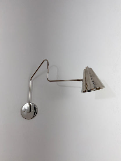 Handmade Brass Swing Arm Sconce | Adjustable Cone Mid-Century Reading Light - optimized image