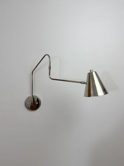 Handmade Brass Swing Arm Sconce | Adjustable Cone Mid-Century Reading Light - optimized image