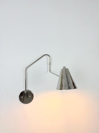 Handmade Brass Swing Arm Sconce | Adjustable Cone Mid-Century Reading Light - optimized image