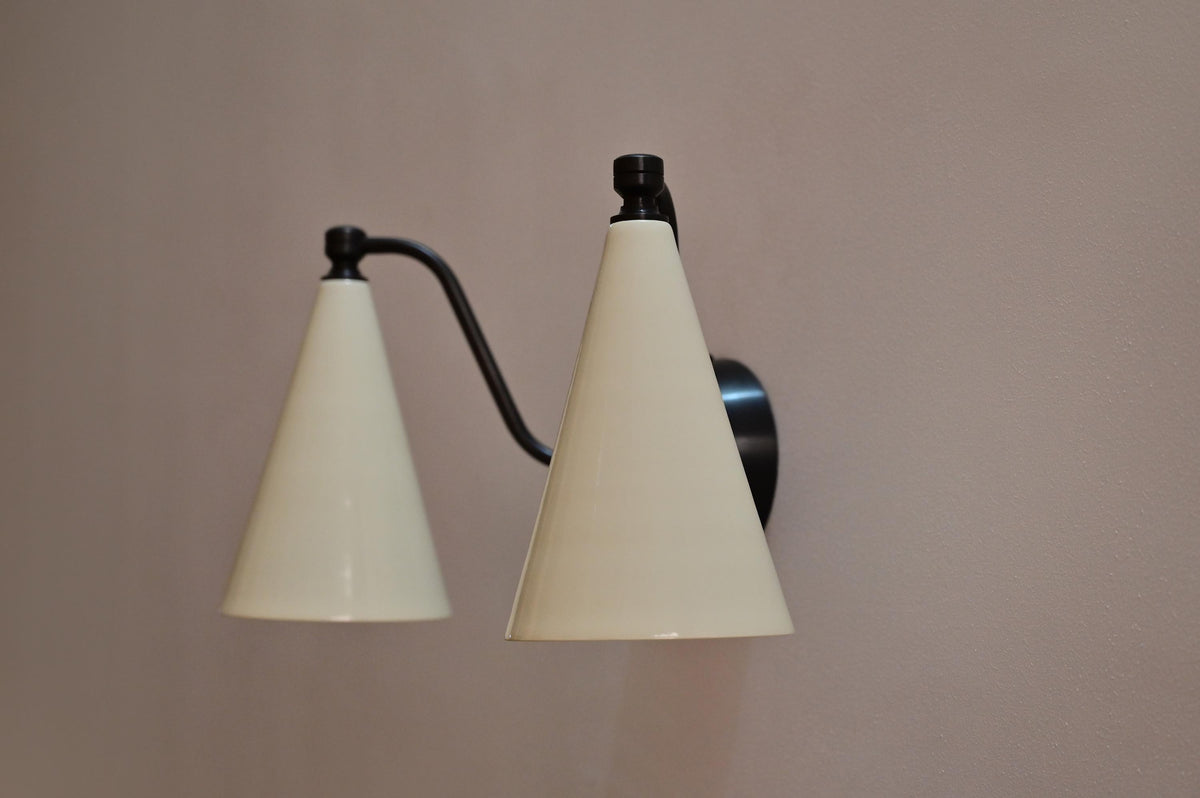 Handmade Mid-Century Double Brass Sconce: Cone Shade Wall Light Lamp - optimized image