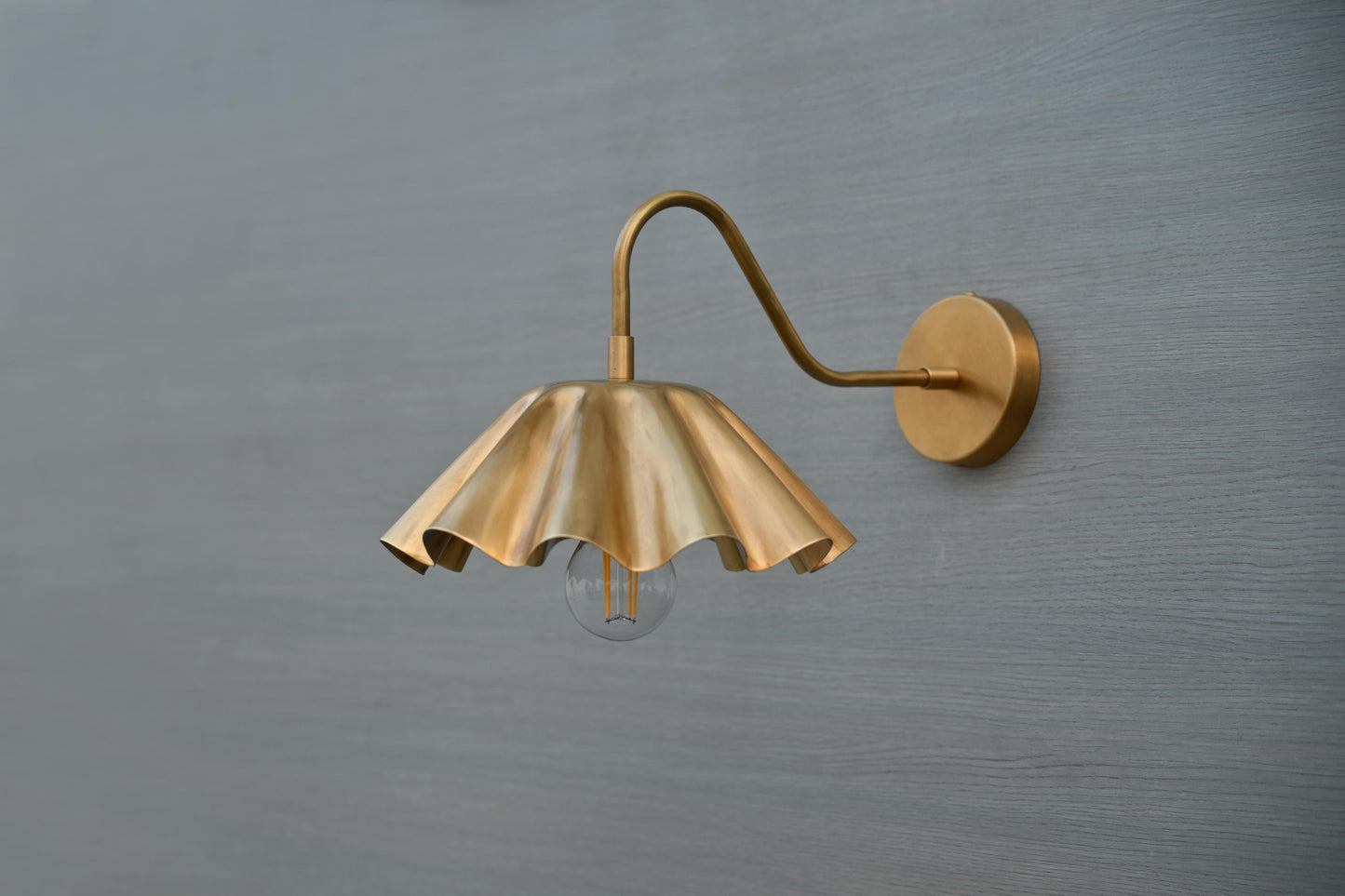 Handcrafted Brass Wall Sconce with Fluted Umbrella Shade – Vintage-Inspired Hardwired Wall Lamp