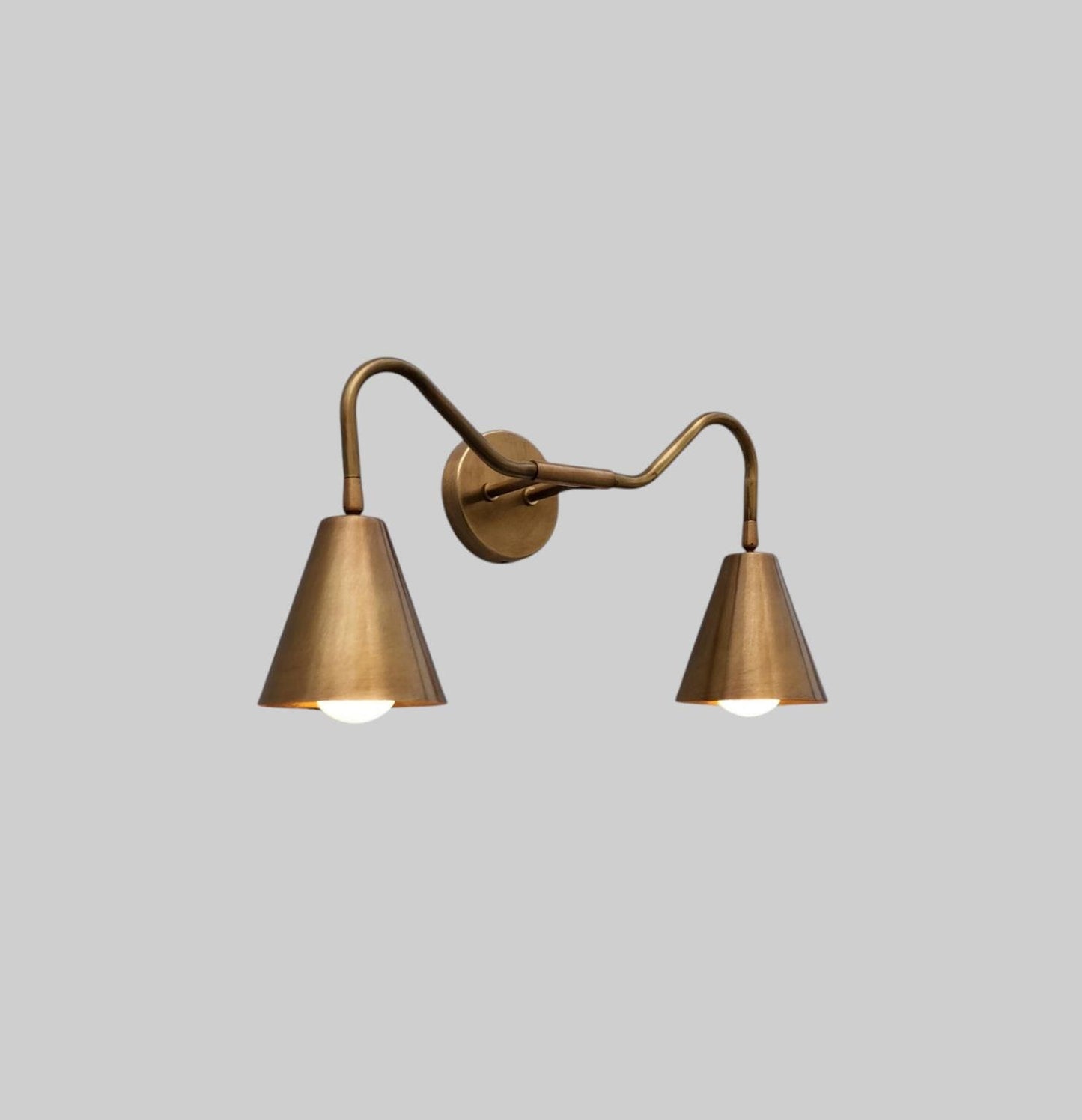 Double Cone Brass Wall Sconce – Mid-Century Modern Light with Extended Arms and Cream Shades