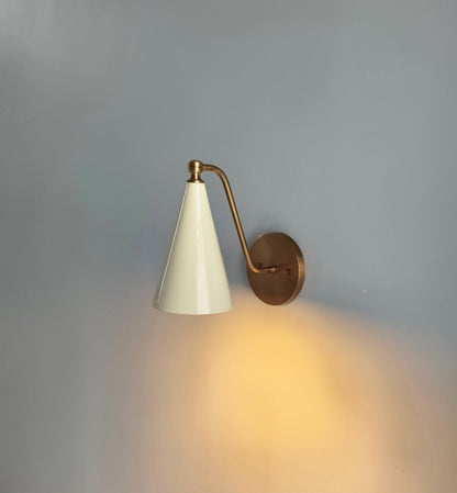 Handmade Brass Wall Sconce: Ivory Cone Shade, Wall Lamp - optimized image