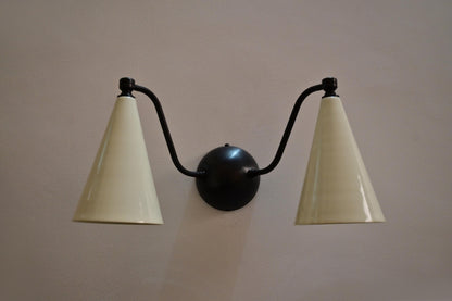 Handmade Mid-Century Double Brass Sconce: Cone Shade Wall Light Lamp - optimized image