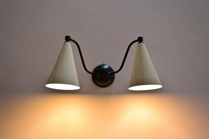 Handmade Mid-Century Double Brass Sconce: Cone Shade Wall Light Lamp - optimized image