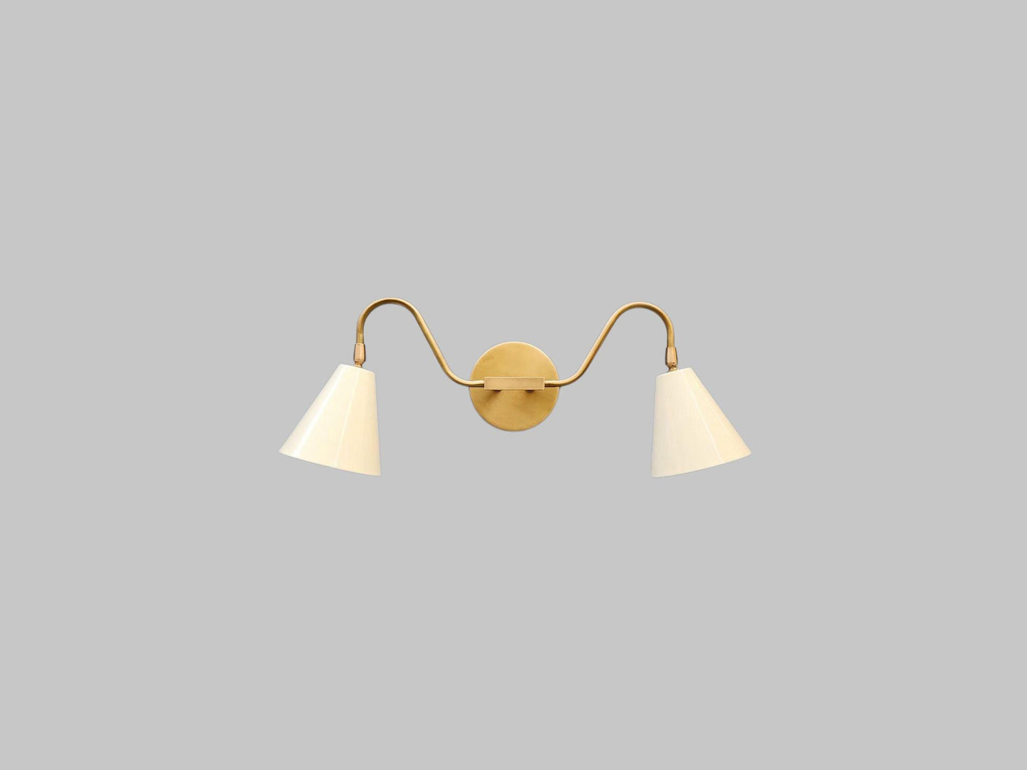 Double Cone Brass Wall Sconce – Mid-Century Modern Light with Extended Arms and Cream Shades