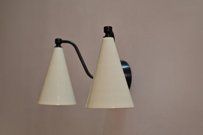 Handmade Mid-Century Double Brass Sconce: Cone Shade Wall Light Lamp - optimized image