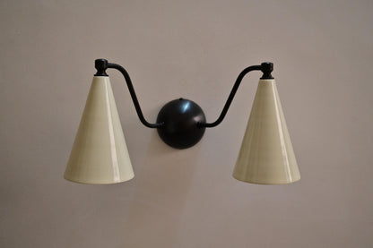 Handmade Mid-Century Double Brass Sconce: Cone Shade Wall Light Lamp - optimized image