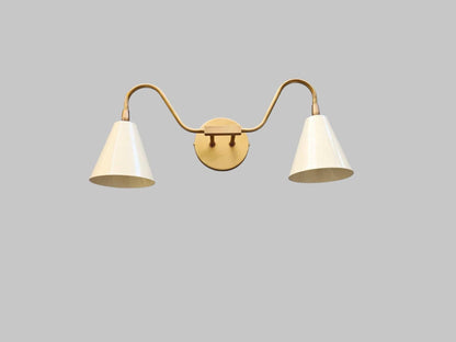 Double Cone Brass Wall Sconce | Mid-Century Wall Lamp with Cream Shades