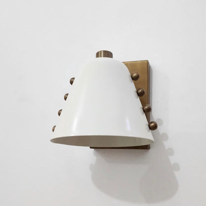 Ivory Cone Brass Wall Sconce with Rivet Detailing – Handcrafted Mid-Century Modern Wall Lamp - optimized image