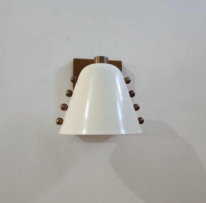 Ivory Cone Brass Wall Sconce with Rivet Detailing – Handcrafted Mid-Century Modern Wall Lamp - optimized image