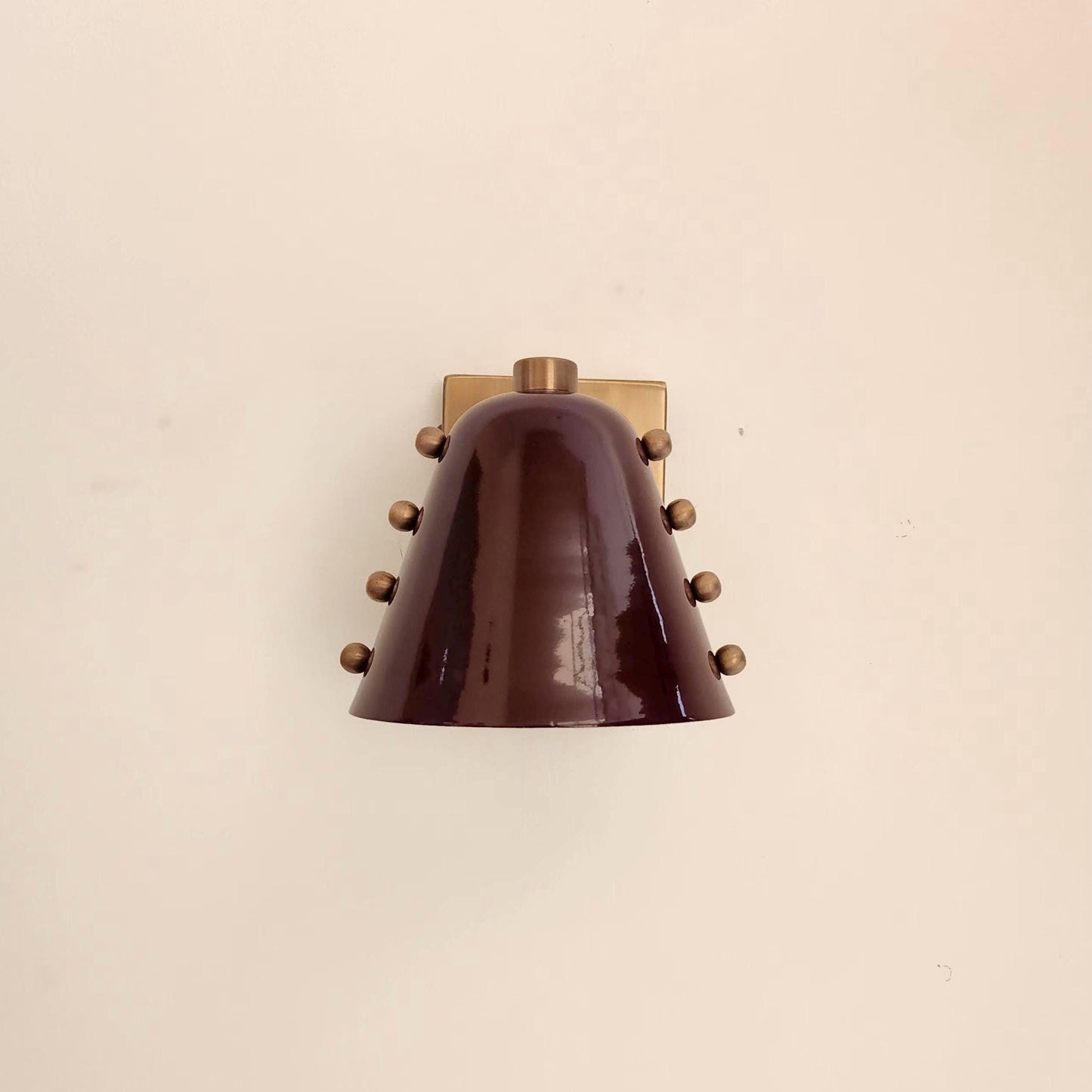 Bold Handcrafted Brass Cone Wall Sconce Wine Shade – Mid-Century Lamp with Rivet Accents