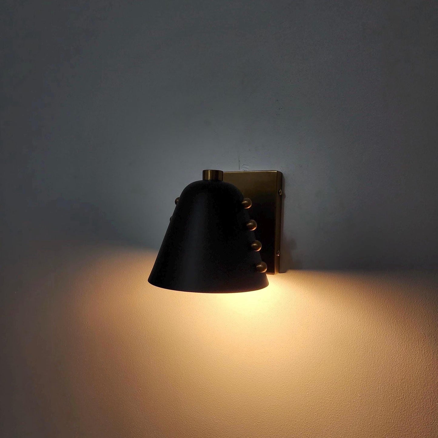 Handcrafted Brass Cone Wall Sconce – Matte Black Shade | Mid-Century Modern Wall Lamp