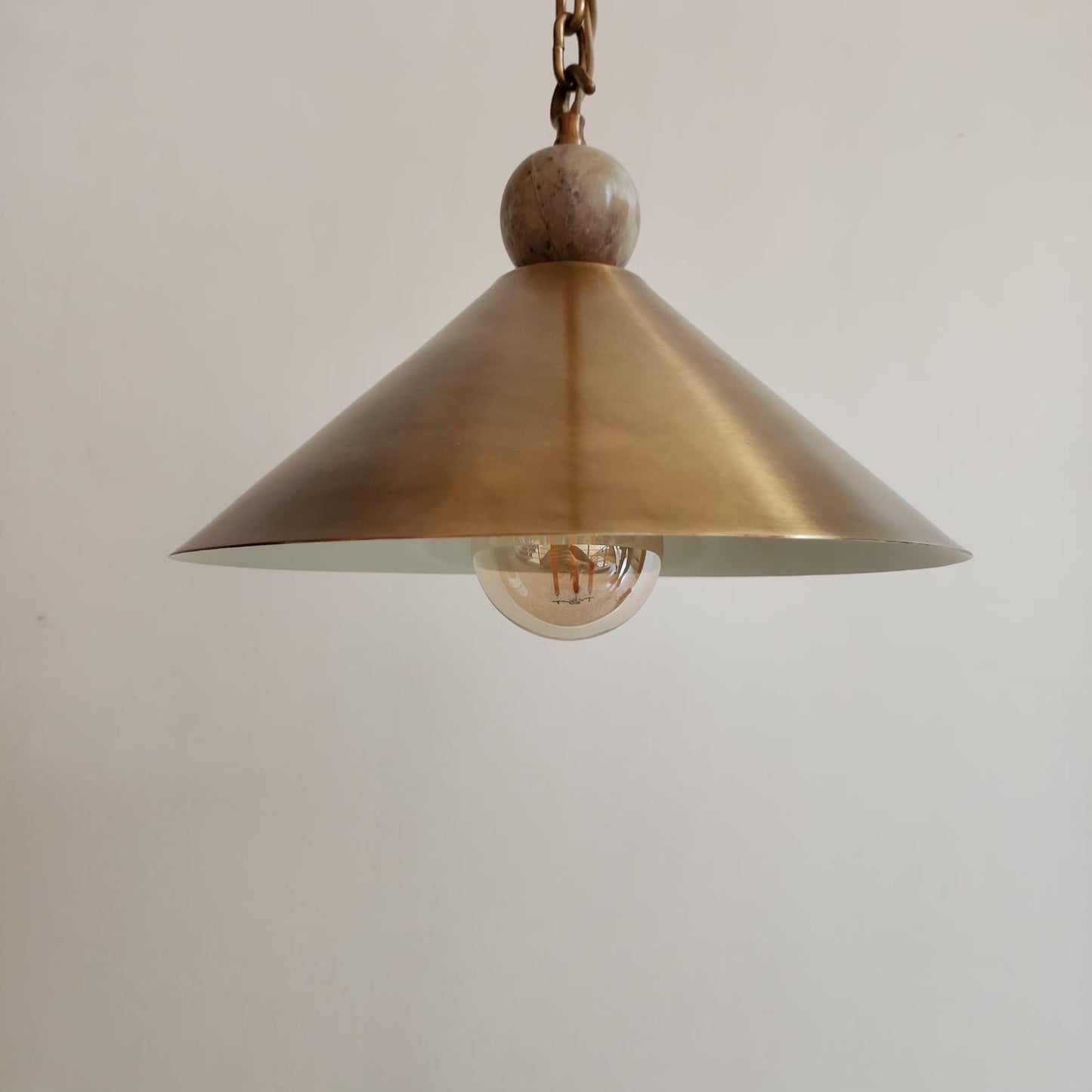 Handmade Brass Cone Pendant Light with Alabaster Marble Finial – Adjustable Height Vintage-Inspired Ceiling Fixture