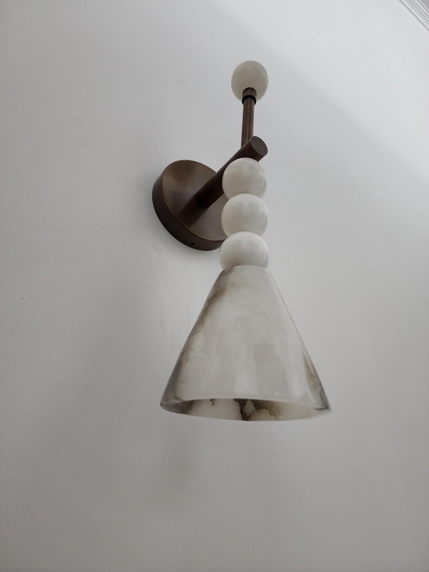 Alabaster Beaded Wall Sconce — Solid Brass | Marble Cone Shade | Wall Lamp