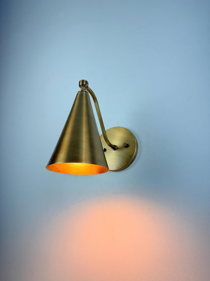 Handmade Brass Wall Sconce – Minimalist Cone Shade Wall Light With Ivory Finish - optimized image