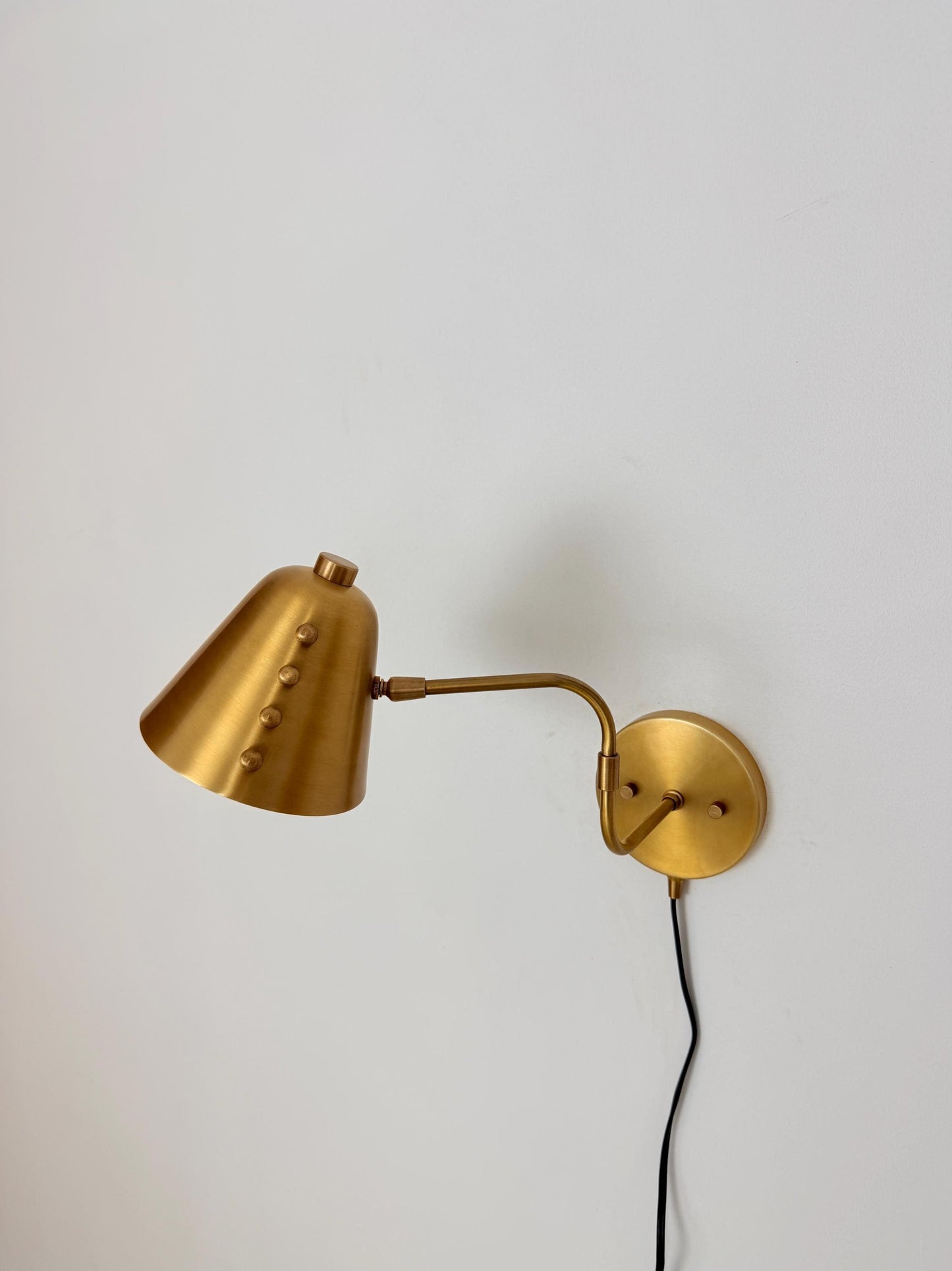 Handcrafted Brass Swing Arm Wall Sconce – Cone Shade, Rivet Accents, Mid-Century Modern Lamp