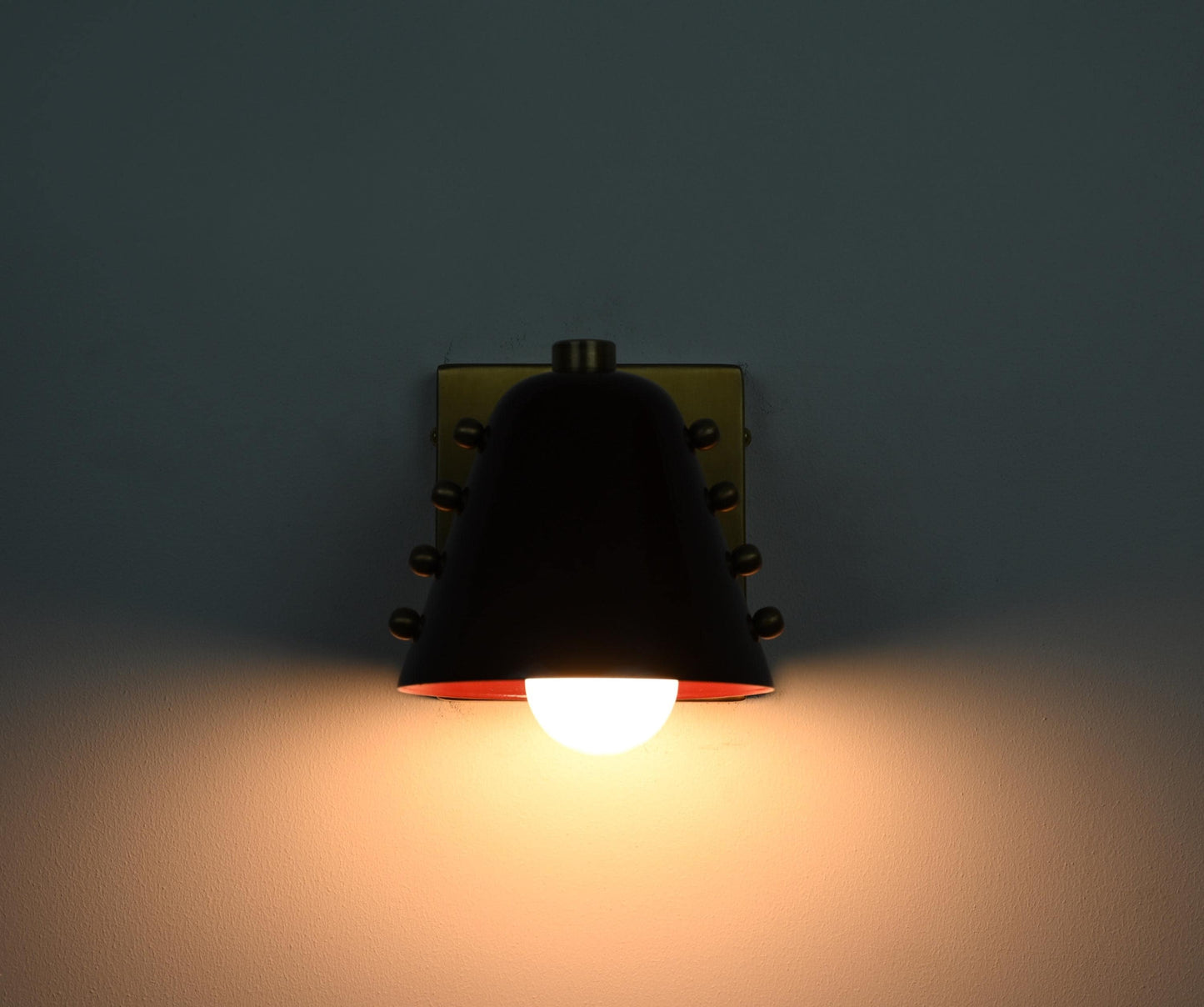 Bold Handcrafted Brass Cone Wall Sconce Wine Shade – Mid-Century Lamp with Rivet Accents