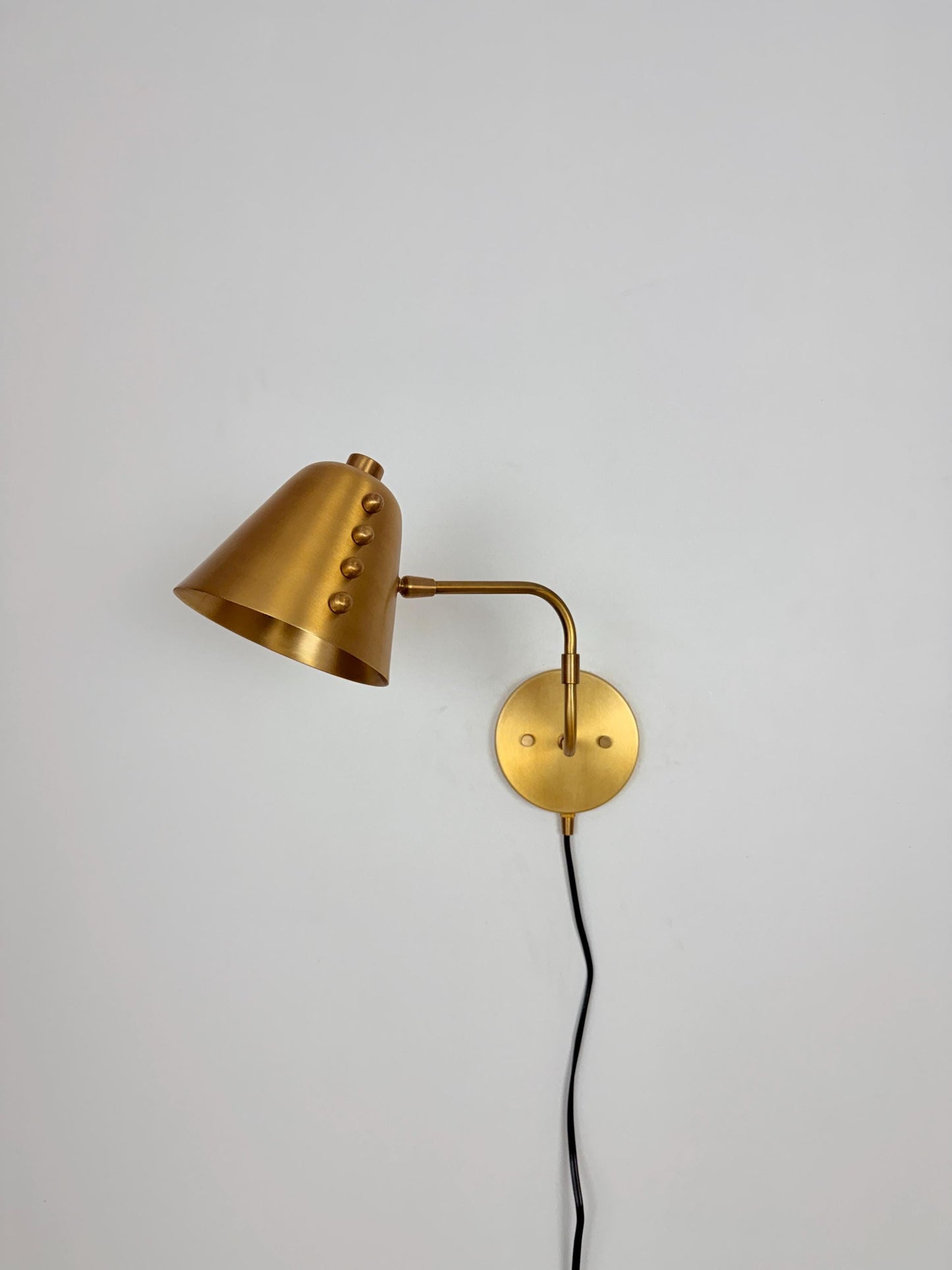 Handcrafted Brass Swing Arm Wall Sconce – Cone Shade, Rivet Accents, Mid-Century Modern Lamp