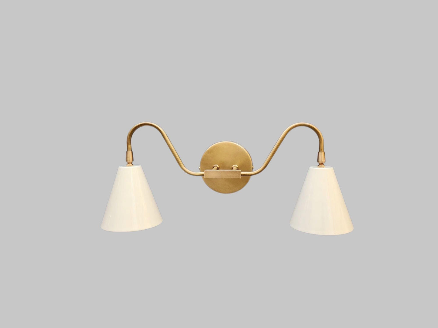 Double Cone Brass Wall Sconce – Mid-Century Modern Light with Extended Arms and Cream Shades