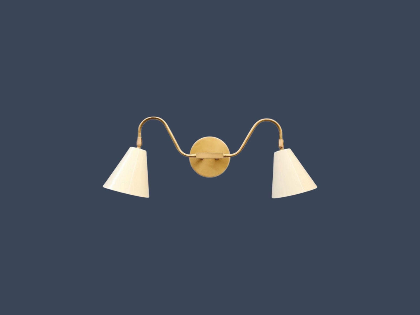 Double Cone Brass Wall Sconce – Mid-Century Modern Light with Extended Arms and Cream Shades