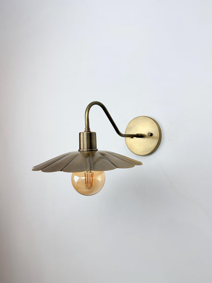 Modern Brass Flower Wall Sconce with Amber Shade | 10" W x 6" H - optimized image