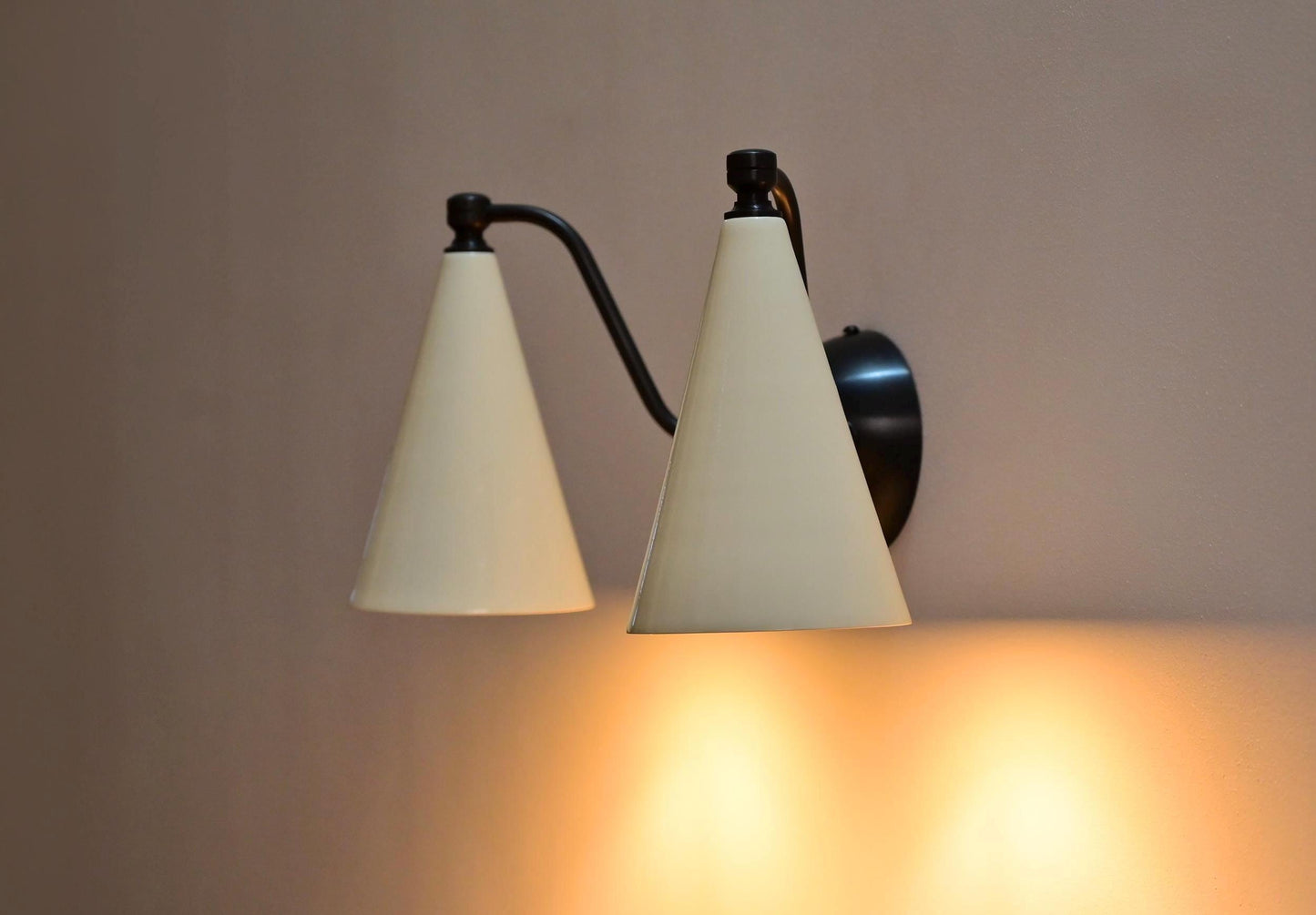 Handmade Mid-Century Double Brass Sconce: Cone Shade Wall Light Lamp