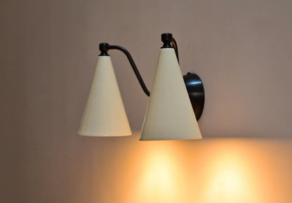 Handmade Mid-Century Double Brass Sconce: Cone Shade Wall Light Lamp - optimized image