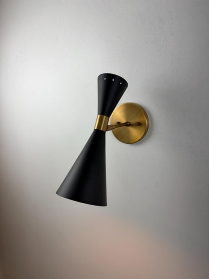 Glamorous Stilnovo Brass Wall Sconce – Italian Inspired Black Shade Wall Light - optimized image
