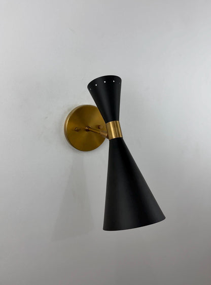 Glamorous Stilnovo Brass Wall Sconce – Italian Inspired Black Shade Wall Light - optimized image