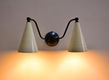 Handmade Mid-Century Double Brass Sconce: Cone Shade Wall Light Lamp - optimized image