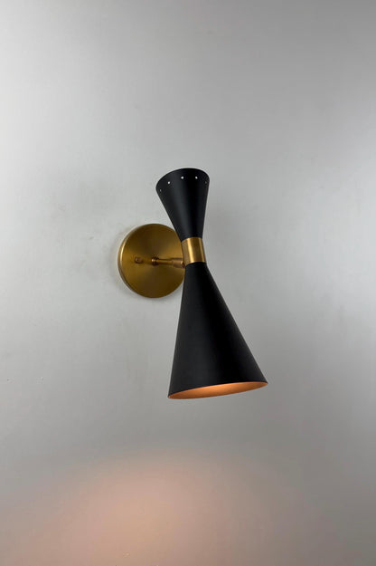 Glamorous Stilnovo Brass Wall Sconce – Italian Inspired Black Shade Wall Light - optimized image