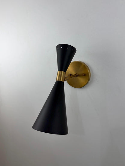 Glamorous Stilnovo Brass Wall Sconce – Italian Inspired Black Shade Wall Light - optimized image
