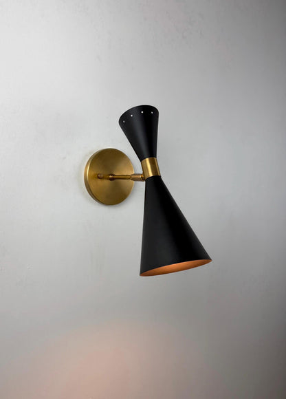 Glamorous Stilnovo Brass Wall Sconce – Italian Inspired Black Shade Wall Light - optimized image