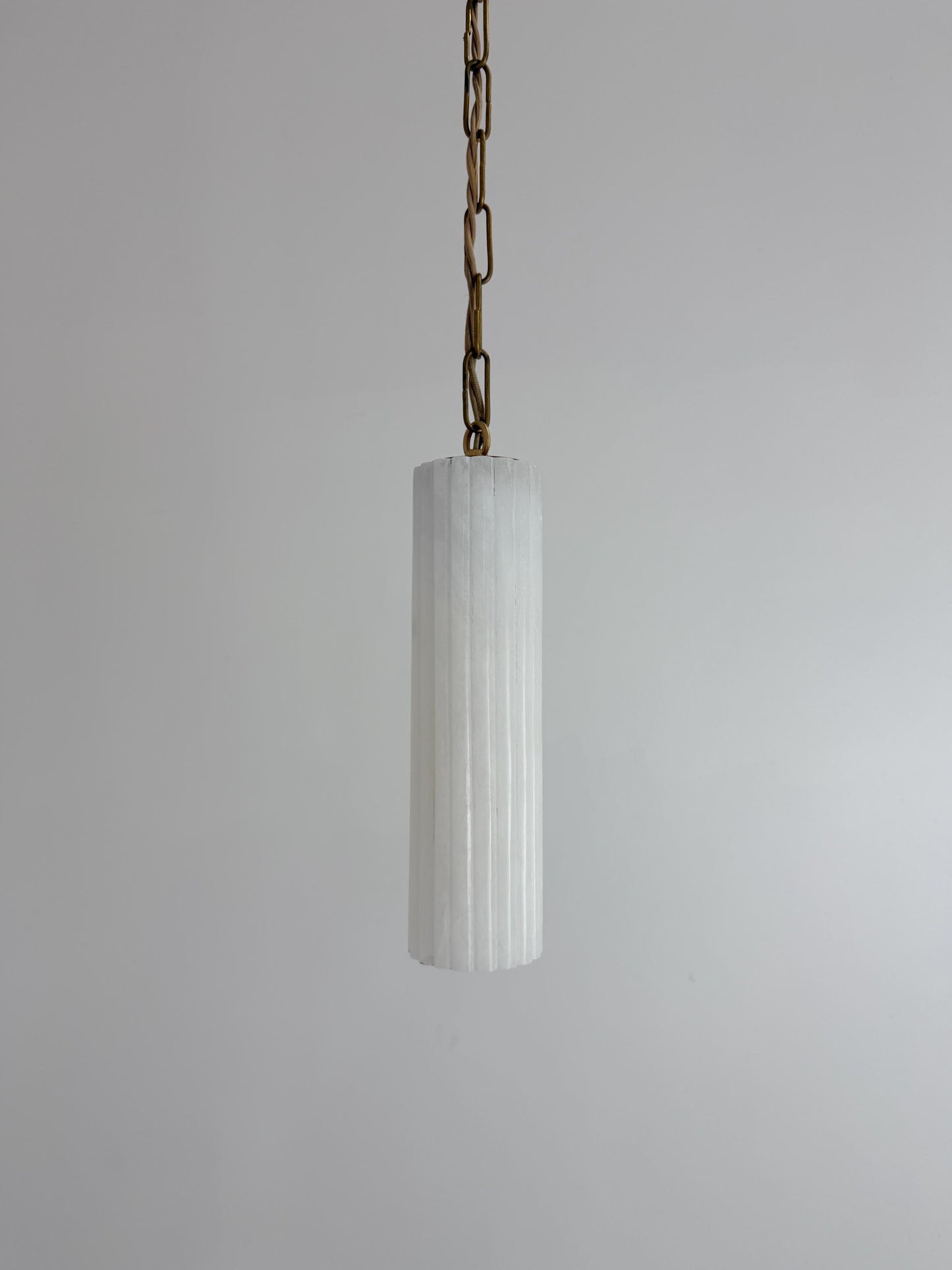 Handmade Fluted Alabaster Pendant Light | Brass Chain Cylinder Lamp