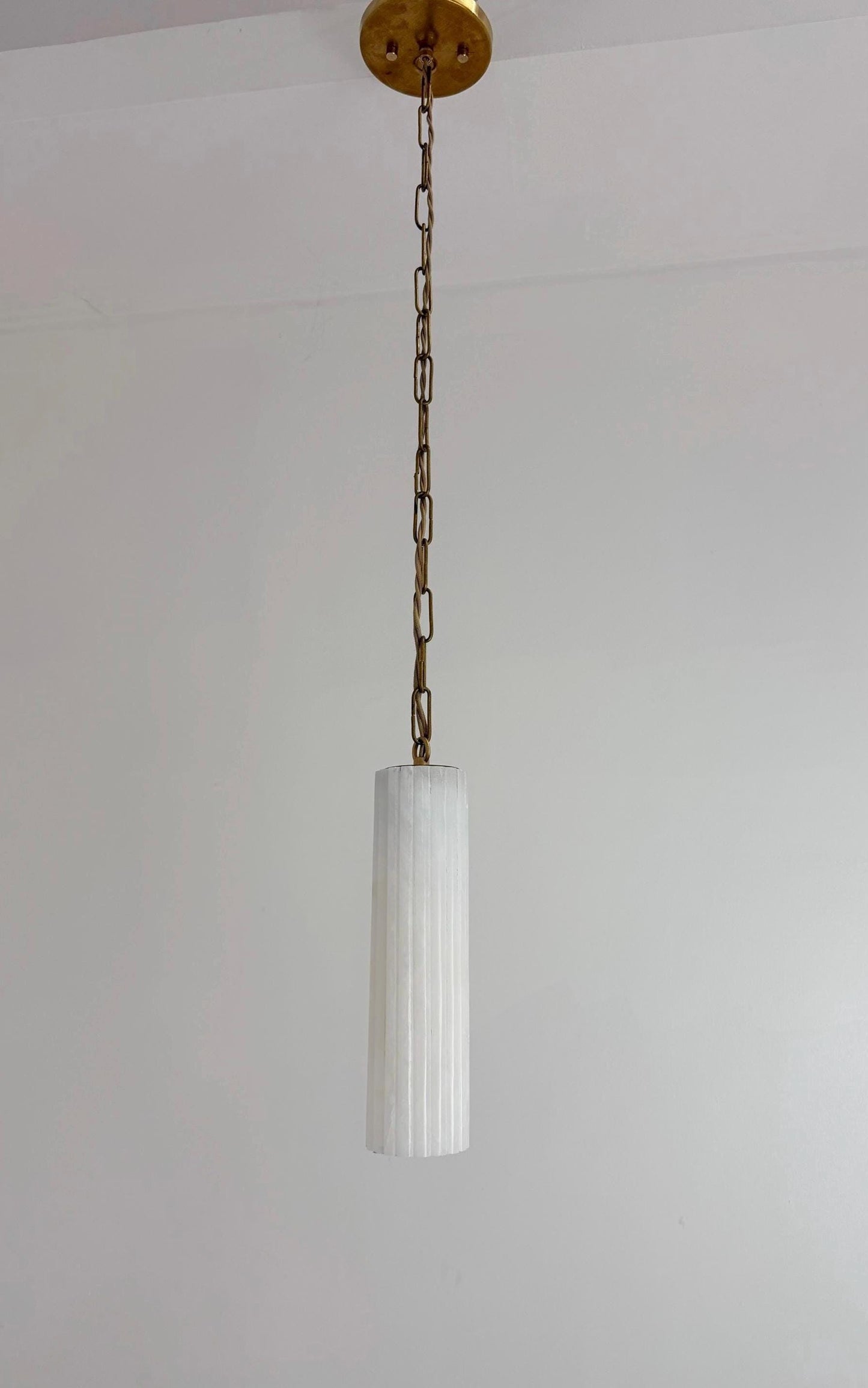 Handmade Fluted Alabaster Pendant Light | Brass Chain Cylinder Lamp
