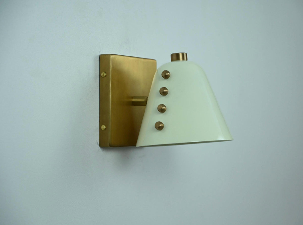 Ivory Cone Brass Wall Sconce with Rivet Detailing – Handcrafted Mid-Century Modern Wall Lamp - optimized image