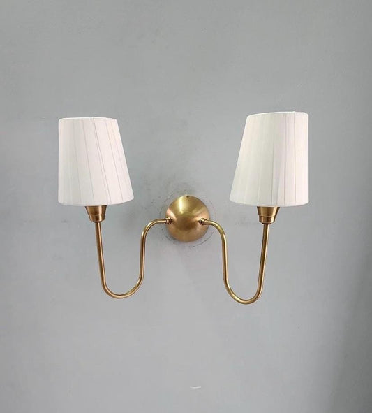 Minimalist Brass Wall Sconce with Silk Cotton Lampshade – Handcrafted Wall Lamp - optimized image